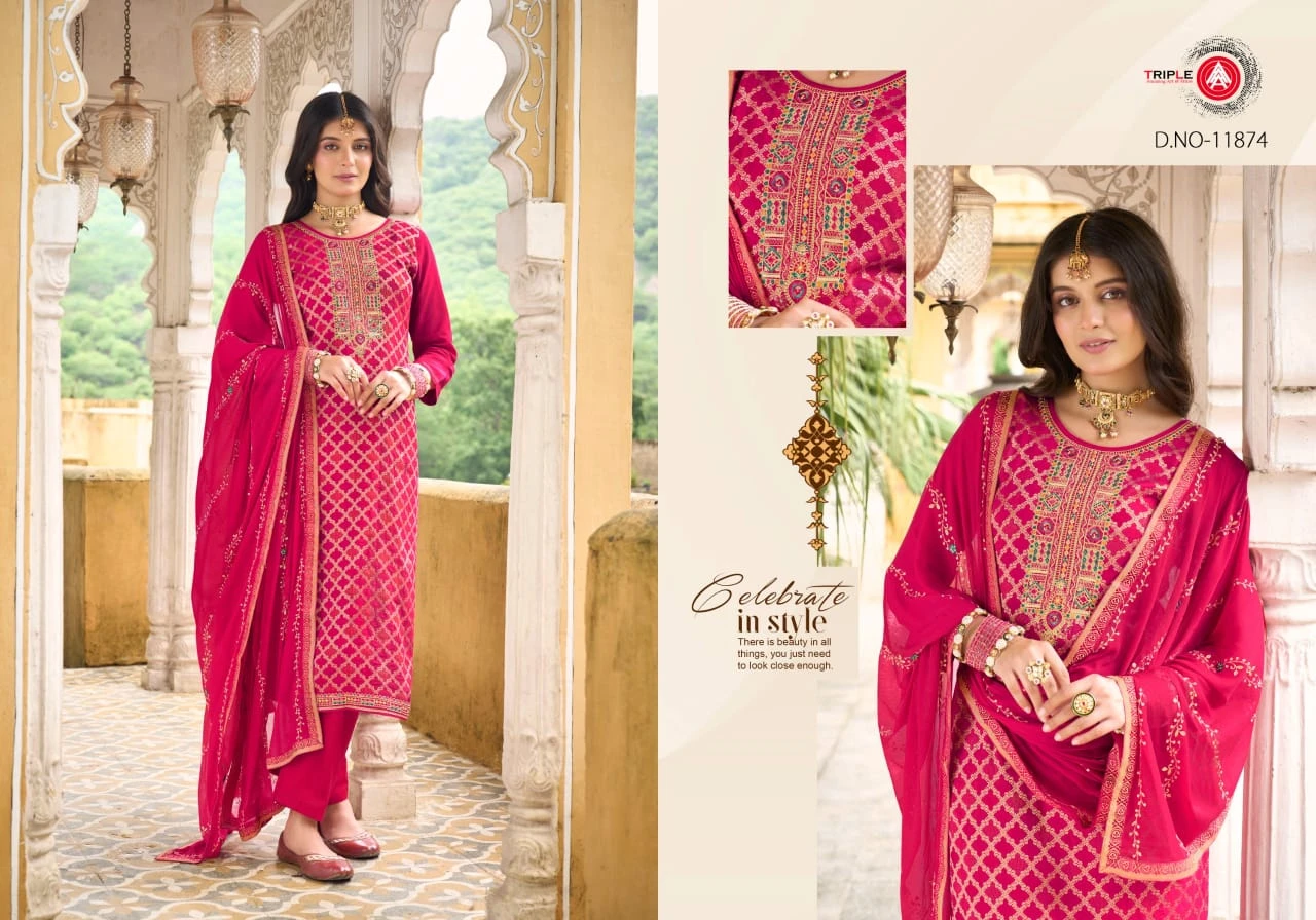 Triple Aabha Viscos Muslin Jacquard Wholesale Fancy Salwar Suit Catalog — Wholesale Salwar Suits, MPA wholesale from Surat - Gallery Image 6
